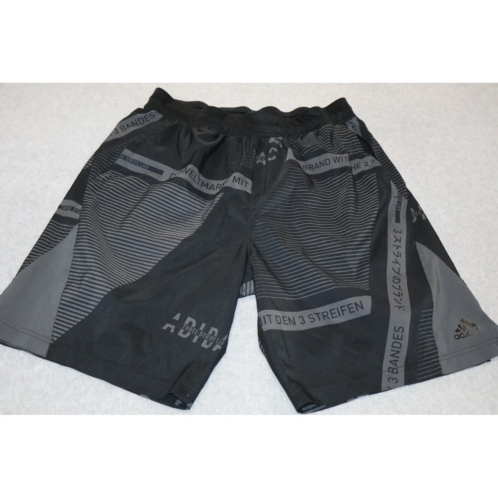 Adidas Shorts Mens Large Black Gray Graphic Print Zip Pocket Gym Workout